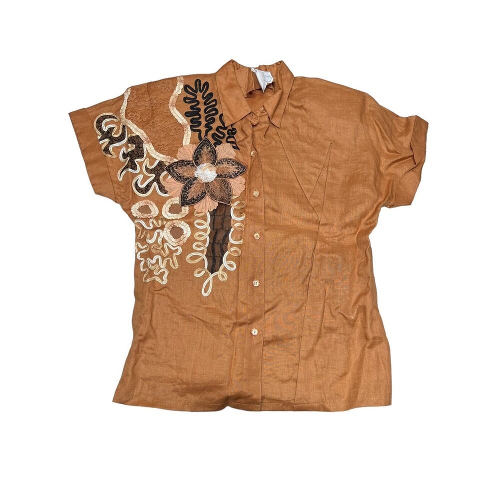 Vtg NOS Anne French Artsy Art to Wear Embellished 100% Ramie Blouse SZ 8 Brown